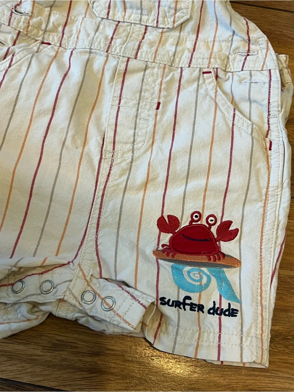 Carters 9mo surfs up surfer dude cream striped short overalls with crab beach